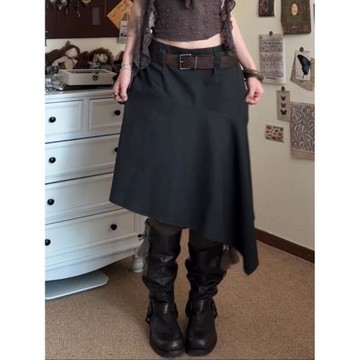 W12s原創設計感復古不規則下擺魚尾裙2025夏季高腰顯瘦中長款半裙