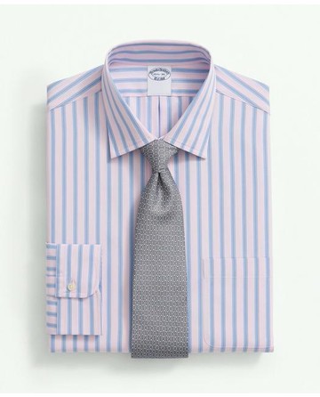 Brooks Brothers Men's Supima Cotton Poplin Ainsley Collar, Framed Stripe Dress Shirt | Pink | Size 16 33