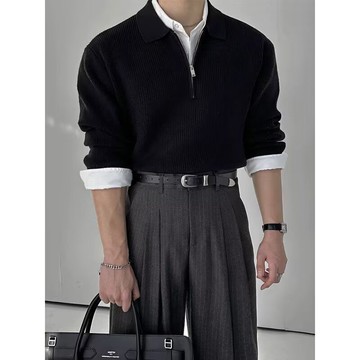 秋冬新款休閒百搭寬鬆保暖上衣男長袖翻領高級感韓系潮流毛衣男