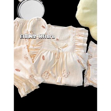 三件套睡衣女款春秋夏季長袖棉綢短袖長褲甜美公主風帶胸墊家居服