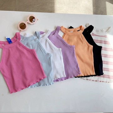 Mini baby🌷夏季女童坑條棉背心純色修身短款吊帶無袖掛脖上衣
