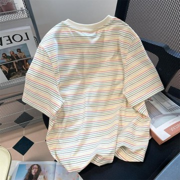 超大碼300斤韓系chic別緻彩虹條紋短袖t恤男女夏季學院風正肩上衣