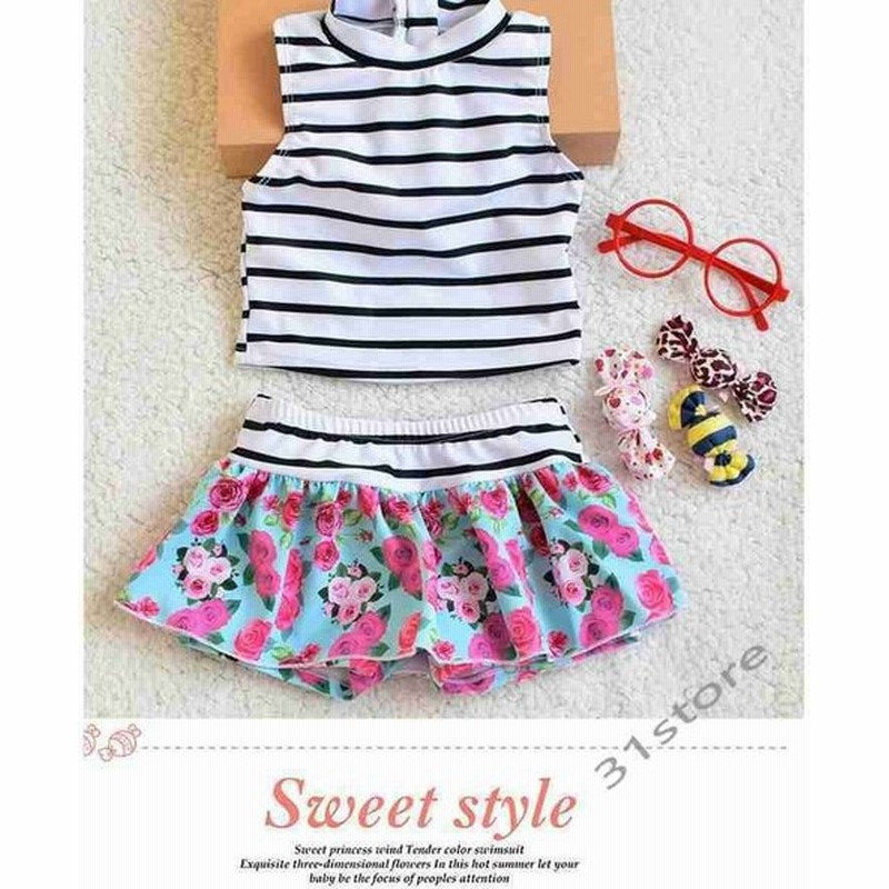 子供水着女の子セパレートベビー水着2点セットuvカットトップスボーダー柄スカンツウエストゴム花柄超可愛い子供用 通販 Lineポイント最大get Lineショッピング
