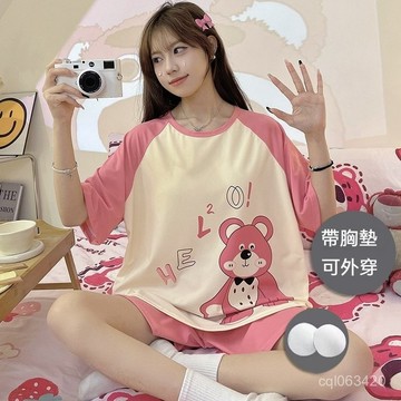 韓國家居服 帶胸墊睡衣 夏天睡衣 短袖睡衣 女生睡衣 韓版睡衣 可愛睡衣 卡通睡衣 睡衣套裝 胸墊睡衣 居家服 睡衣女