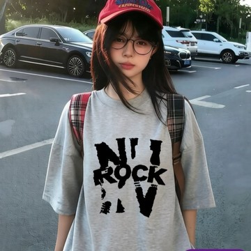 小眾設計感美式街頭風灰色短袖T恤夏季新款純棉男女生上衣 印花寬鬆情侶短袖T 上衣女 美式t  韓版T 大學T
