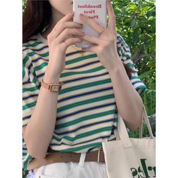 綠色條紋T恤女2025夏季新款短袖寬松別致拼色正肩小個子純棉上衣