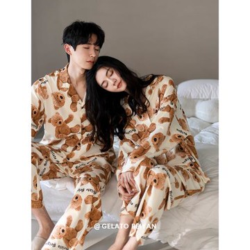 貝妍情侶睡衣女春秋季卡通小熊莫代爾棉長袖套裝開衫大碼男家居服