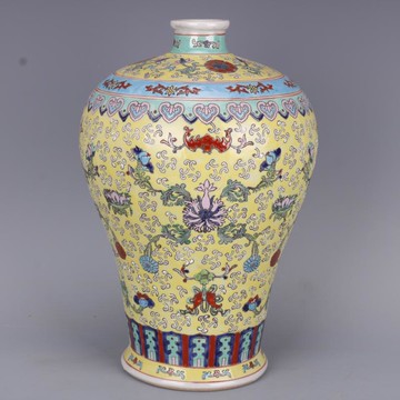 清乾隆黃地粉彩福壽花紋梅瓶仿古老貨瓷器家居擺件古董古玩收藏1入