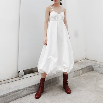 連身裙吊帶洋裝-皺褶純色燈籠裙百搭女裙子2色73yh16【獨家進口】【米蘭精品】