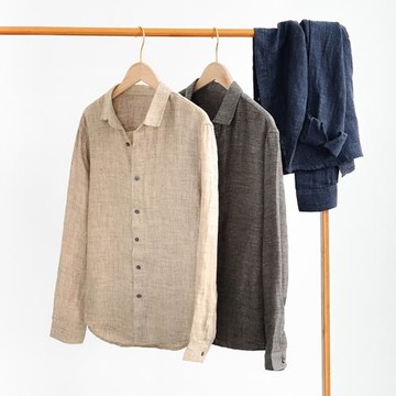 春夏亞麻長袖襯衫復古休閑翻領寬松襯衣男文藝青年工裝寸衫潮上衣