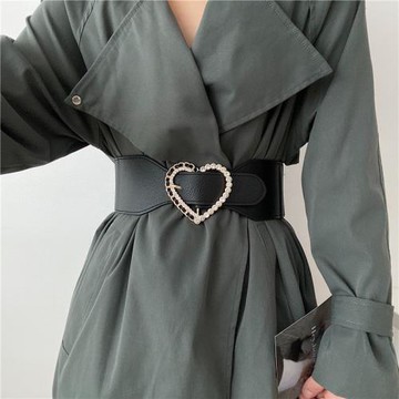 歐美鑲鉆愛心腰帶女士黑色百搭時尚配西裝大衣風衣彈力腰封寬裝飾