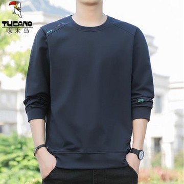 啄木鳥春秋圓領衛衣男寬松加大碼2025新款打底衫男士加絨長袖T恤