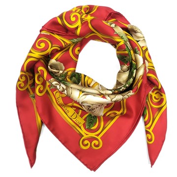 DIOR 迪奧 宮廷玫瑰品牌字母墜飾方型絲巾-白玫瑰/紅色