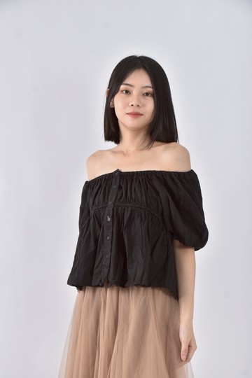 (S) fei ding棉質純棉排扣黑色短袖上衣