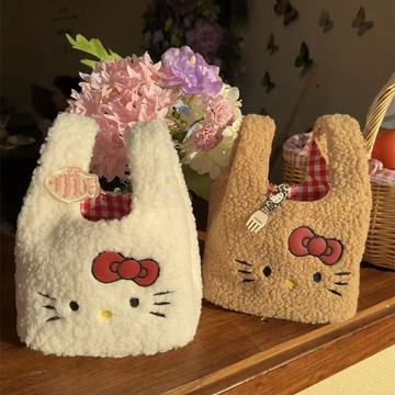 kitty手提包 毛絨包 化妝包 可愛包包 可愛貓咪包 手腕包 卡通包 羊羔絨 小菜籃 秋冬新款 上班族軟乎乎手提拎包