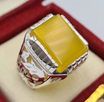 天然黃色葉門瑪瑙戒指 精緻手工設計 瑪瑙戒指 925純銀手工飾品 獻給男士的寶石禮物