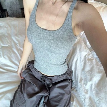 淺粉色修身工字背心女夏季免穿Bra遮副乳內衣一體式胸墊吊帶上衣 YC250