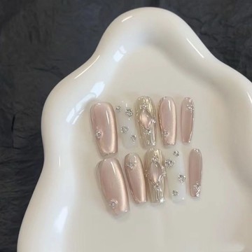 🎀台灣出貨🎀 布契拉提美甲短款貓眼富家純手工千金魔鏡穿戴玻璃珠高級純欲