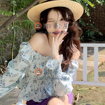 2022新款一字肩收腰短款上衣女 設計感小眾碎花泡泡袖襯衫【淘夢屋】