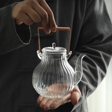 日式手工耐熱玻璃花茶壺泡茶壺燒水壺電陶爐提梁壺菊瓣壺煮茶家用