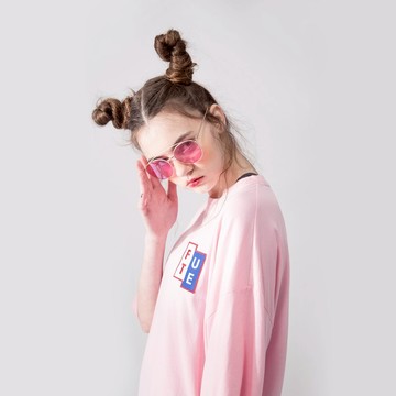 【中性款】 脇邊綁帶圓領短袖t-shirt / 粉紅色