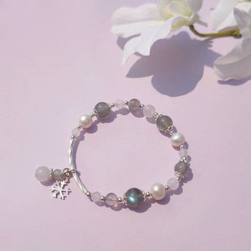 雪山映月。拉長石 淡水珍珠 月光石 S925純銀 水晶礦石設計手鍊