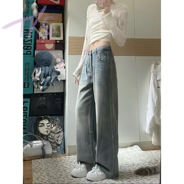 小個子牛仔褲 美式復古做舊毛邊闊腿牛仔褲高腰顯瘦寬鬆直筒拖地褲小隻女闊腿牛仔褲 矮個子長褲 秋季小個子女裝「TKG」