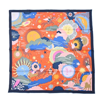 Hermes 愛馬仕 Au Royaume dHelios 70 cm手工捲邊斜紋真絲方巾（深橘/藍/黏土綠）_廠商直送