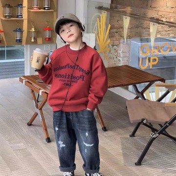 新年紅色男童加絨衛衣2026冬季新款中小童拜年過年打底衫保暖上衣