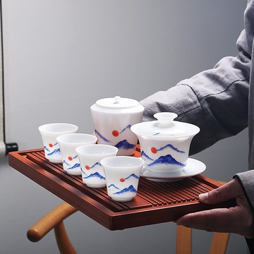 功夫茶具套裝手繪帶茶盤陶瓷蓋碗茶葉罐送老師老板長輩創意禮品