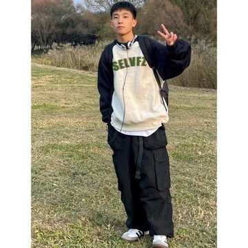 復古插肩撞色圓領衛衣男秋冬季ins潮牌小眾設計感加絨外套