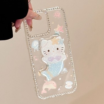美人魚貓咪適用蘋果17promax手機殼支架iphone16防摔13閃粉11夏日12卡通14創意