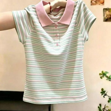 92kg短袖女t恤夏季新款洋氣媽媽寬松減齡顯瘦條紋polo衫女裝