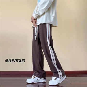 美式復古條紋運動褲男春秋款直筒寬松闊腿褲拖地休閑長褲男士褲子