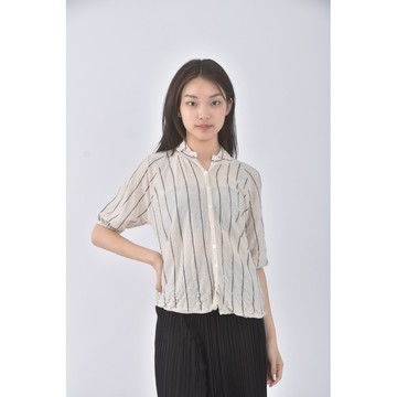 (S) 質感條紋杏色短袖上衣二手衣