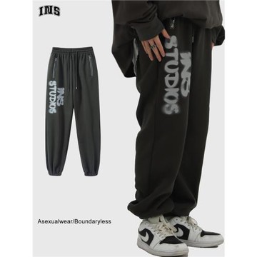 INSstudios 虛幻LOGO休閑褲ins自制國潮情侶搖粒絨加絨衛褲男女潮