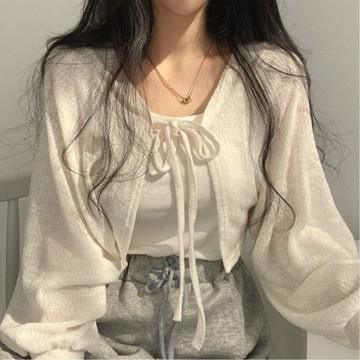 臺灣熱賣好物🎀披肩 防曬衣 薄款外套  小外套    春夏新款白色綁帶燈籠袖薄款簡約寬鬆百搭防曬開衫短款外套女