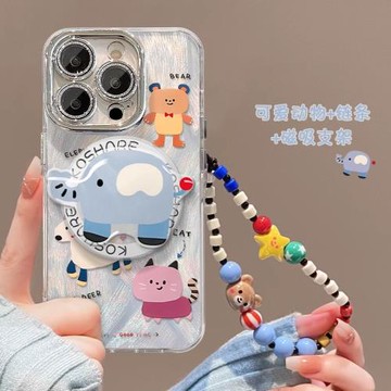 適用于蘋果15promax手機殼16p新女款卡通小動物大象14pro磁吸支架鏈條13全包防摔15plus自帶鏡頭膜羽紗保護套