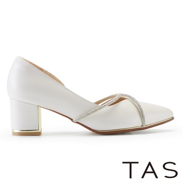 TAS 璀璨水鑽羊皮尖頭中跟鞋 米白 #45518