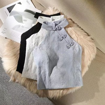 【❤️桃喜Rich 】3色可選 大碼國風旗袍上衣 盤扣掛脖吊帶背心 內搭外穿設計感短款上衣 新中式女裝 露背上衣