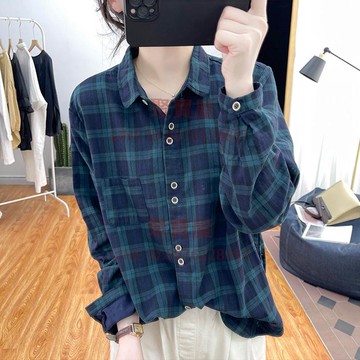 棉麻格子襯衫女簡約顯瘦百搭襯衣元寶領寬松休閒上衣時尚百搭夏季新款【聚寶屋】