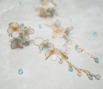 白藍小花 水鑽吊墜手工水晶花耳夾