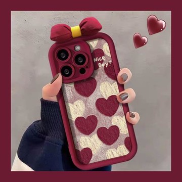 適用蘋果17手機殼彩繪立體蝴蝶結iPhone16pro保護套15皮紋硅膠軟14Pro暈染愛心12新年款XR紅色17plus可愛少女