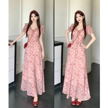 【桃喜Rich女裝】大碼女裝 法式氣質洋裝 百搭休閒扎染款長裙 粉色波點中長裙 溫婉荷葉邊連衣裙 收腰顯瘦洋裝 韓系洋裝