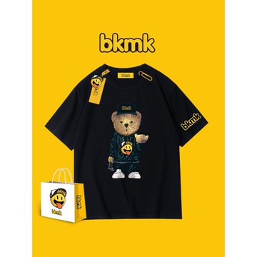bkmk短袖t恤男潮牌笑臉小熊印花嘻哈寬松情侶ins超火2025新款夏季