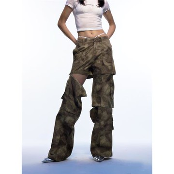 emoha原創美式復古辣妹風迷彩牛仔闊腿褲女y2k千禧可拆卸酷工裝褲