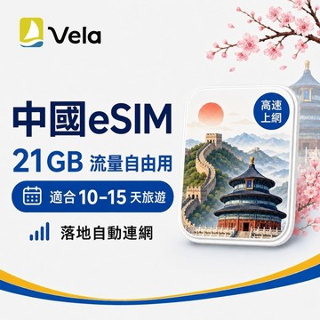 【Vela eSIM】中國7天｜不降速網路吃到飽｜落地自動連網 歐享券