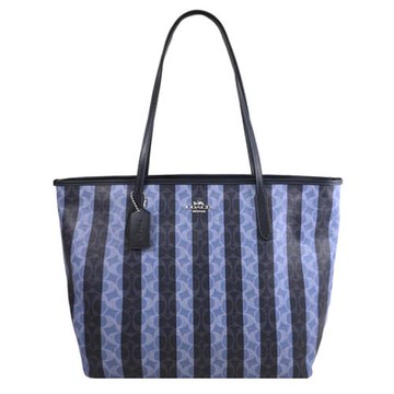 COACH CBI03 City 撞色條紋印花肩背托特包/購物包.午夜藍