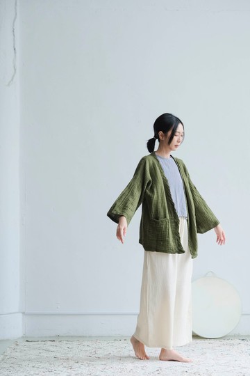 開襟寬袖口袋罩衫 / 雙層紗 橄欖綠