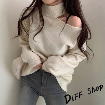 【DIFF】韓系氣質露肩針織上衣 毛衣 長袖上衣 女裝 衣服 寬鬆上衣 顯瘦上衣下半身失蹤 連衣裙【W325】